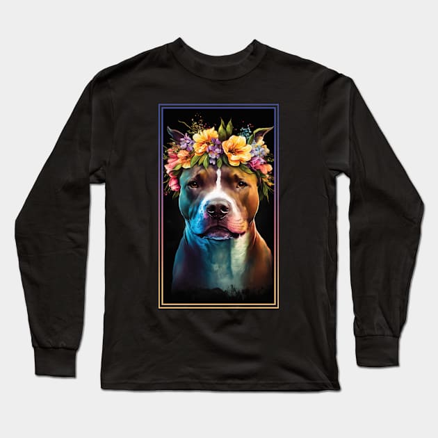 American Staffordshire Terrier Pitbull Vibrant Tropical Flower Tall Digital Oil Painting Portrait  9 Long Sleeve T-Shirt by ArtHouseFlunky